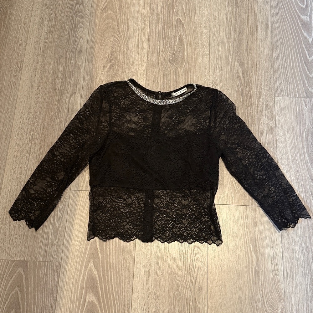 alice + olivia Vanita Embellished Neck Black Lace Crop Top Large - Picture 5 of 8
